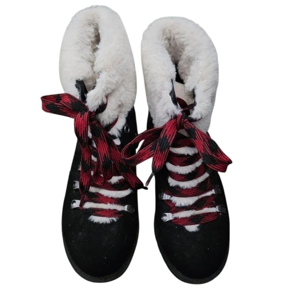 Jellypop SZ 6.5 Kraft Black Faux Fur Lined Lace Up Winter Boots